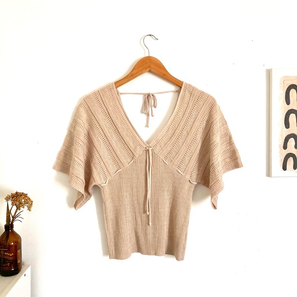Sweaters - Cream Colored Low Cut V Neck Short Sleeve Sweater